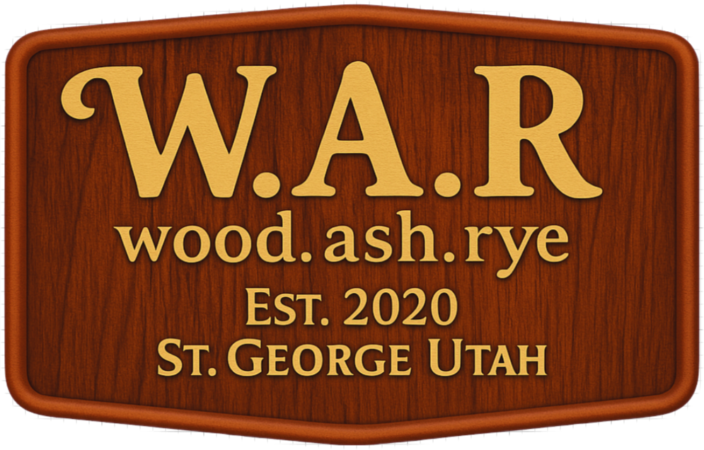 W.A.R. — Wood. Ash. Rye. custom die-cut sticker