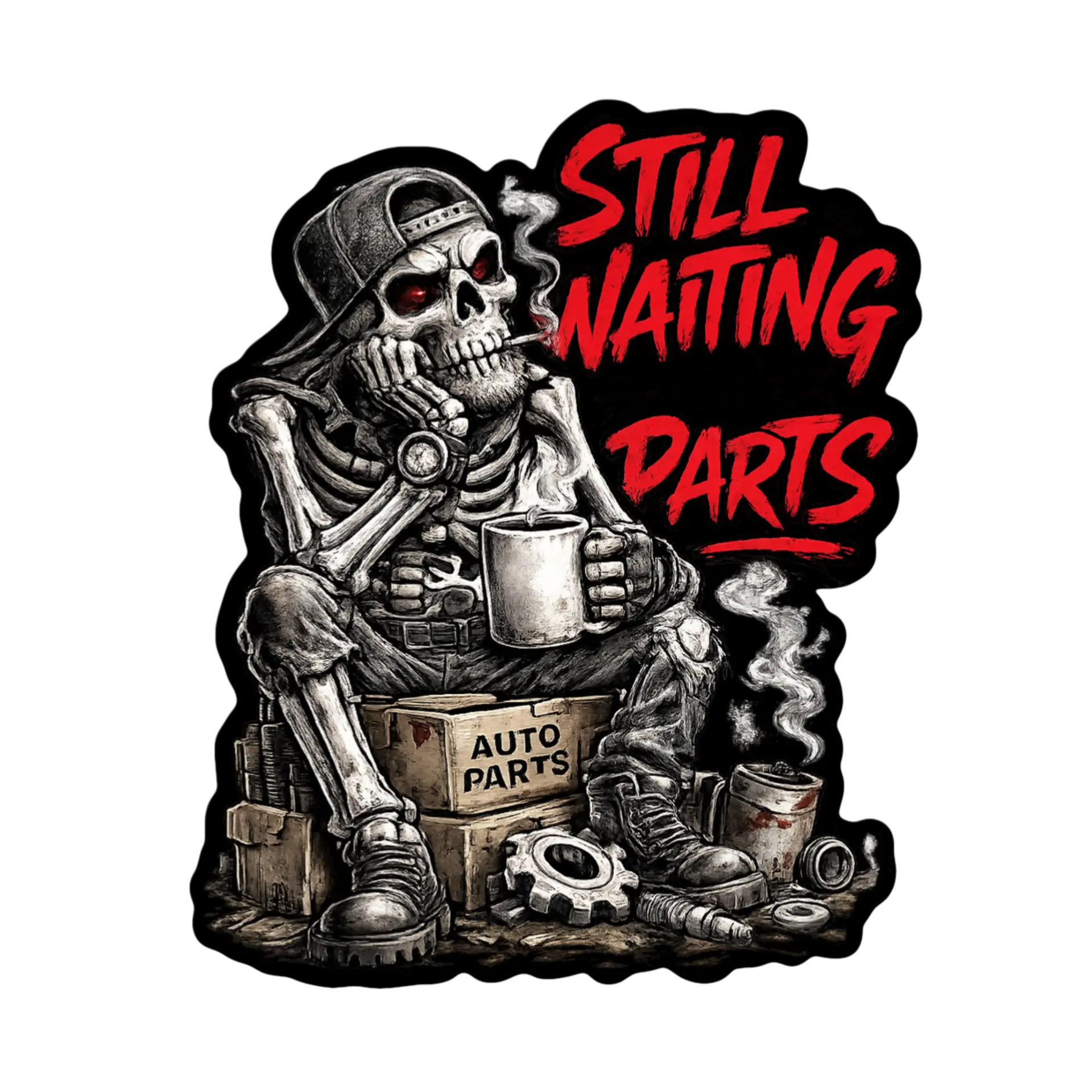 Custom Original Designs sticker for Still Waiting On Parts — Outspoken Expressions St. George Utah